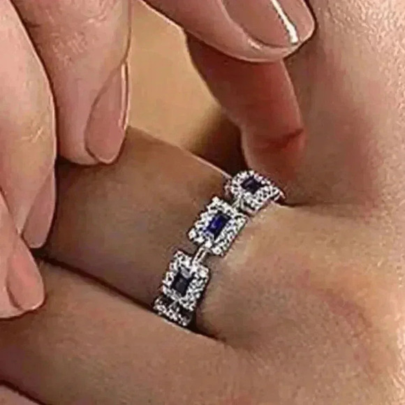 New Beautiful Sterling Silver Blue and White Sapphires Band Ring - Picture 5 of 5